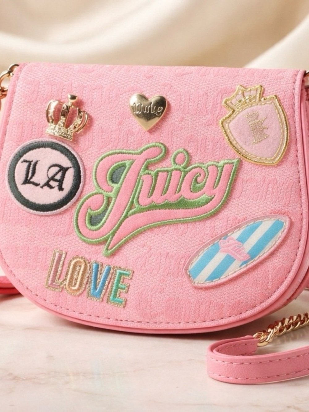 Juicy Couture NWT Pink Patchwork Crossbody with Gold Accents